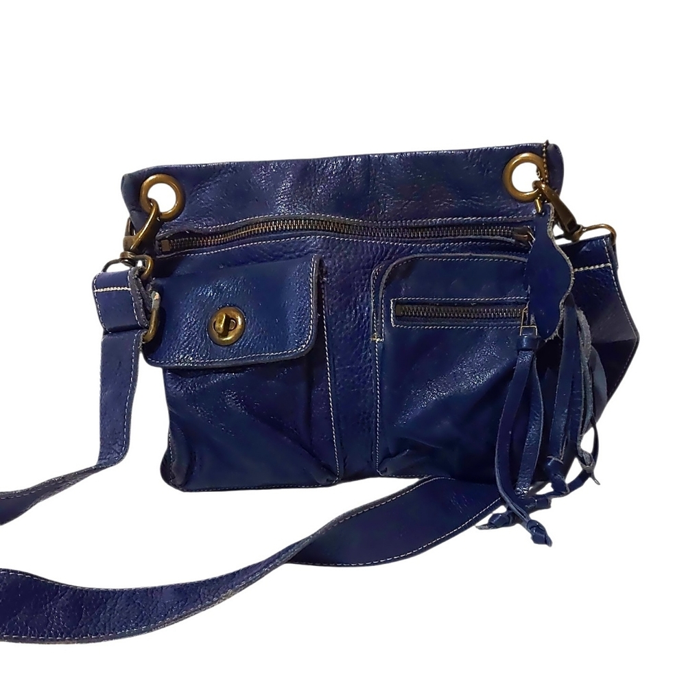 Roots Navy Blue Leather Crossbody Bag with Brass Accents